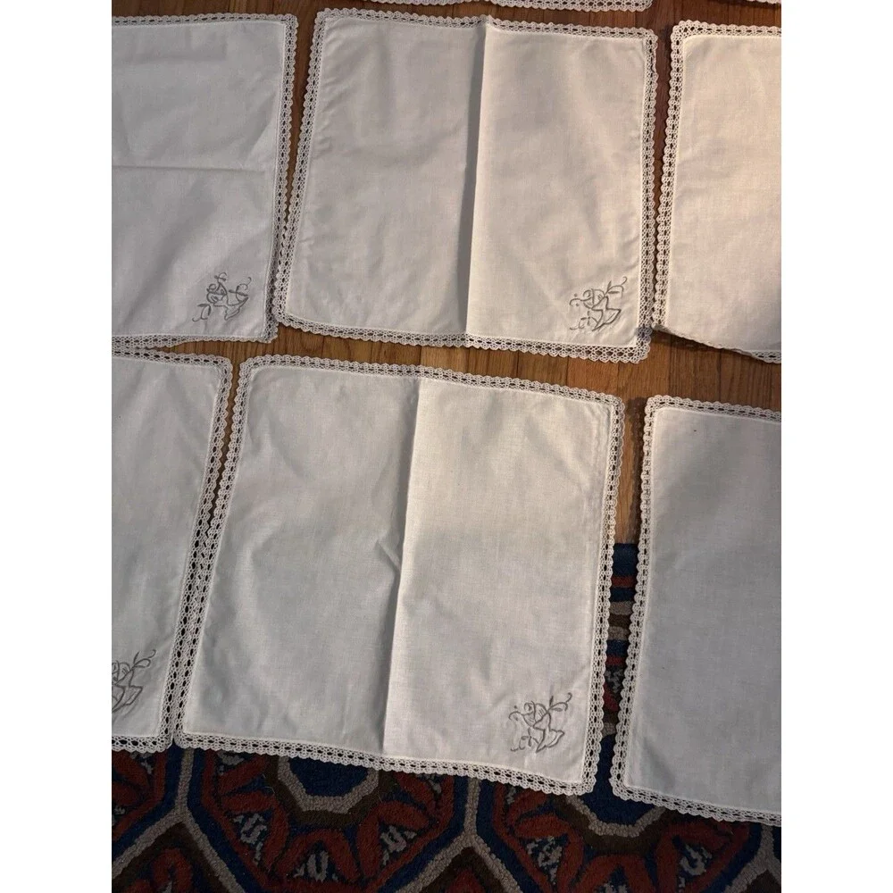 Vintage Set of 12 Embroidered Napkins Crochet Trim Ecru Never Used READ